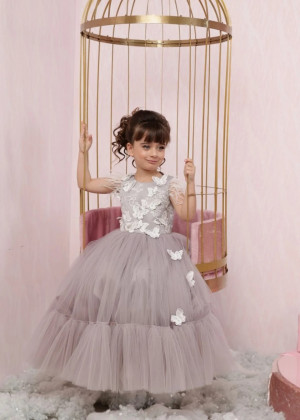 Gray Tulle Butterfly Long Flower Girl Dress